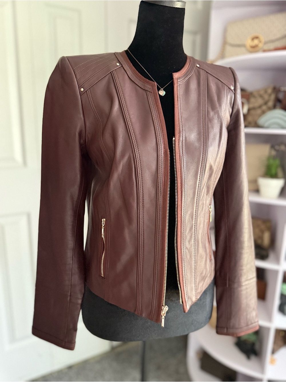 White House Black Market Women's Brown Leather Bomber Jacket